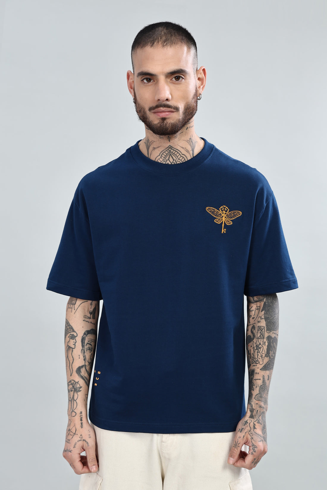 Golden Key Embroidered Oversized Denim Blue T-Shirt