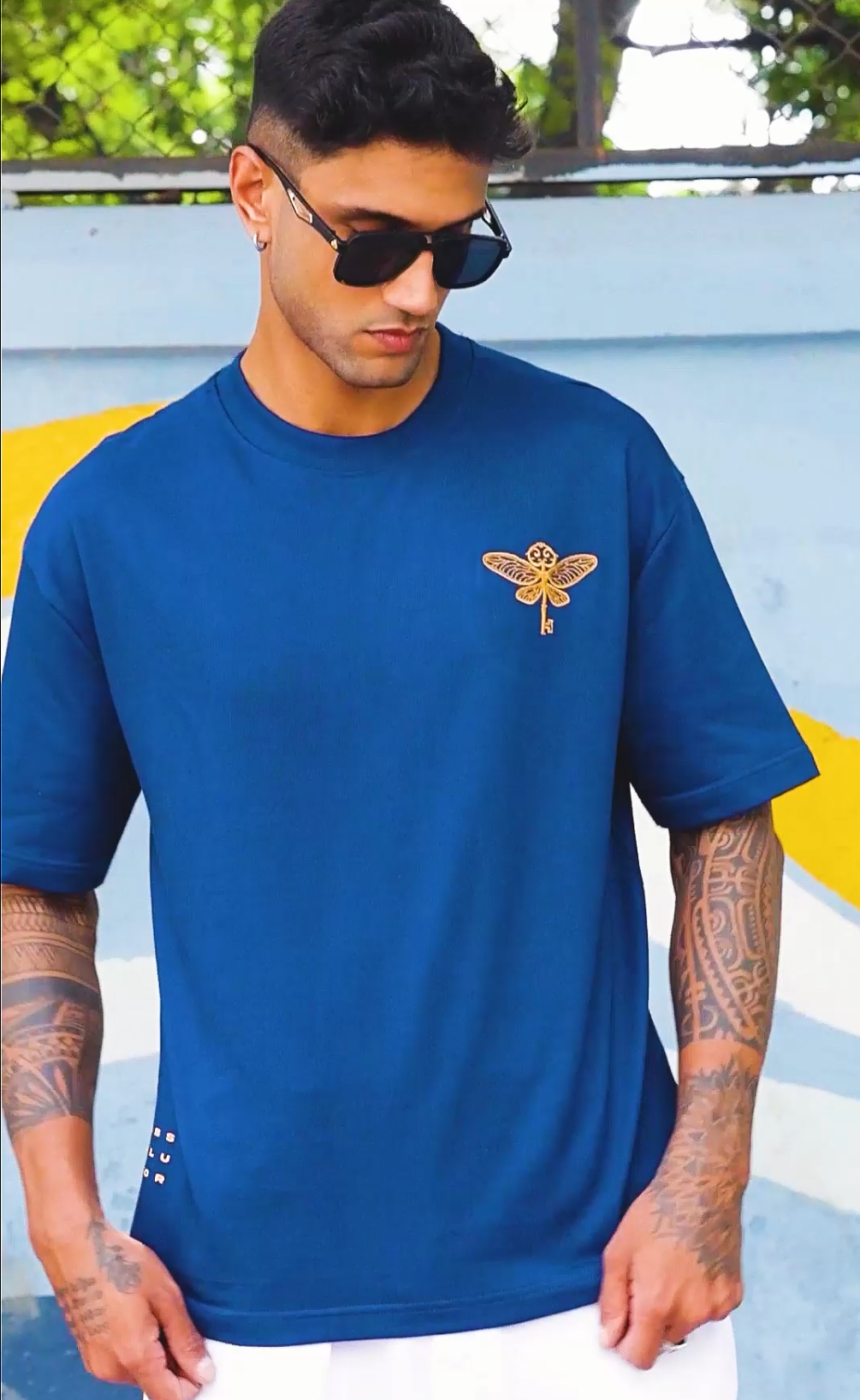 Golden Key Embroidered Oversized Denim Blue T-Shirt